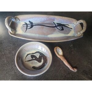 3 Piece Lot Pottery Artist Signed Vintage Tray Bowl Spoon Set Japanese Purples